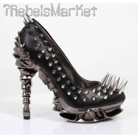 Hades Shoes Zetta Chrome Plated Spinal Heels. Hades Footwear, Alternative Shoes, Goth Shoes, Gothic Shoes, Hot Heels, Spike Heels, New Rock, Black High Heels, Crazy Shoes