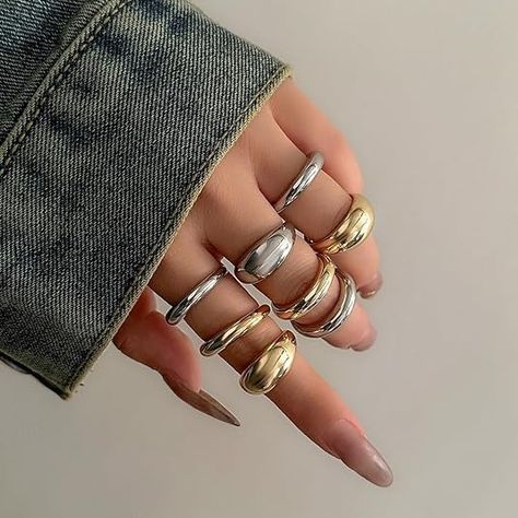 Amazon.com: MIFYNN Chunky Gold Rings for Women Gold Silver Adjustable Thick Ring Fashion Statement Ring Open Dome Ring Chunky Silver Rings Geometric Curved Minimalist Simple Rings (Gold+Silver): Clothing, Shoes & Jewelry Rock Rings, Style Hip Hop, Geometric Ring, Estilo Punk, Gold Ring Sets, Finger Rings, Rings Set, Color Ring, Ring Ring