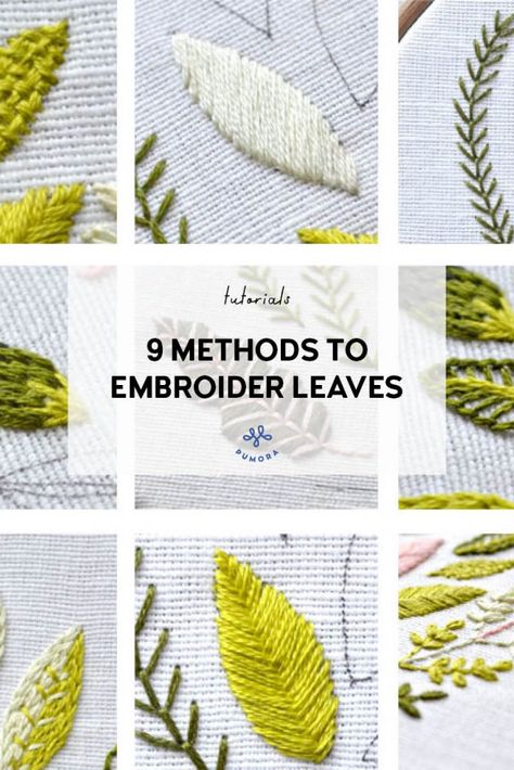 Leafy Embroidery Patterns, Embroidered Maple Leaf, Leaf Stitches Embroidery, Hand Embroidery Leaves Tutorial, Cross Stitch Leaf Pattern, Leaves Stitch Embroidery, Embroidery Stitches Leaves, How To Embroidery Leaves, Hand Embroidery Leaf Stitch