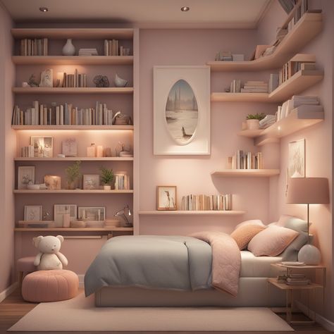 A cozy bedroom featuring soft pink colors, inviting decor, and warm lighting for a soothing ambiance. - cozy bedroom, soft pink colors, floating shelves, warm atmosphere, inviting decor, plush teddy bear, warm lighting Light Grey Comforter, Blush Bedroom, Cozy Bedroom Design, Grey Comforter, Warm Decor, Pink Palette, Warm Lighting, Pink Pillows, Peachy Pink