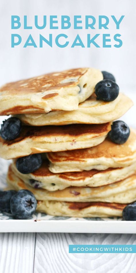 American blueberry pancakes are a fantastic, easy breakfast recipe all the family will love. They’re light and fluffy and bursting with fresh blueberries, and so simple to make even kids can help. #pancakes #pancake day #blueberry pancakes #easy recipe #cooking with kids #easy #recipe Pancakes For Babies Recipes, Pancakes Easy Recipe, Blueberry Pancakes Easy, Cooking With Kids Easy, Blueberry Pancakes Recipe, Baby Pancakes, Easy Breakfast Recipe, Pancakes Easy, Pancake Day