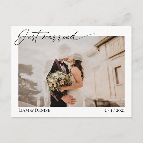 Just Married Script Wedding Announcement Elopement Postcard  Zazzle Wedding Announcements Photos, Marriage Announcement, Postcard Invitation, Wedding Announcement, Script Writing, Thank You Postcards, Wedding Party Supplies, Wedding Announcements, Postcard Size