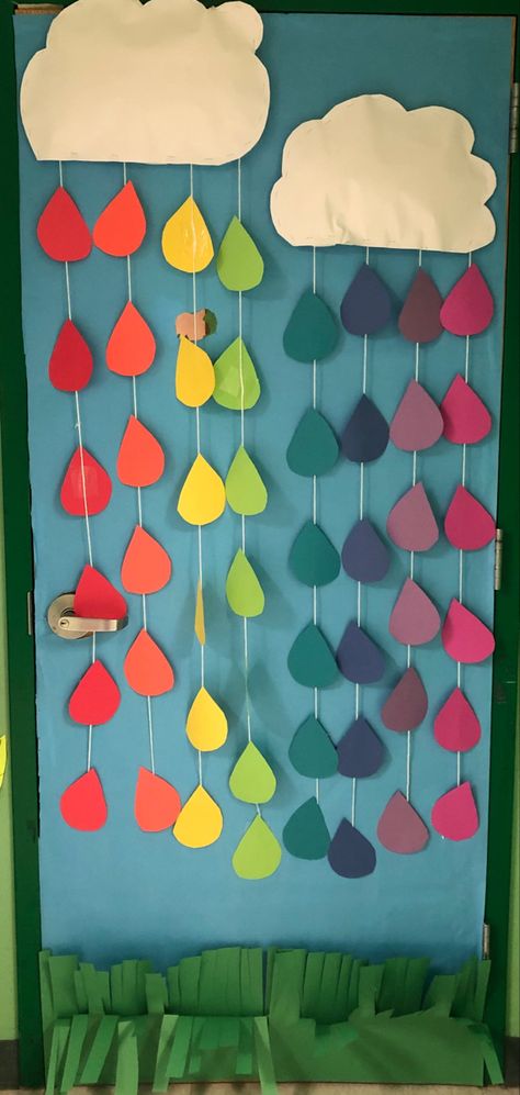 Rain Bulletin Board Ideas, Rainbow Classroom Door Ideas, Weather Bulletin Board, Rainbow Themed Room, Fair Week, April Ideas, Rainbow Bulletin Boards, Rainbow Weather, Sunday School Object Lessons