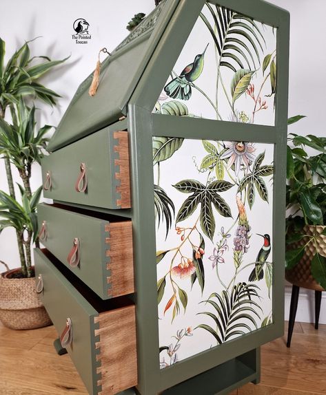 Vintage Lebus Green Writing Bureau Desk With Tropical Jungle Custom Order - Etsy UK Green Upcycled Furniture, Bureau Upcycle Ideas, Bureau Upcycle, Desk Upcycle, Secretary Desk Makeover, Skull Furniture, Splash Of Paint, Vintage Secretary Desk, Redone Furniture