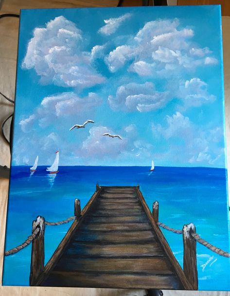 Beach And Boats Paintings, Ocean Themed Paintings Easy, Boat Painting Easy, Freedom Painting Ideas, Beach Theme Drawings, Ocean Painting Easy, Boat Painting Acrylic, Beginners Canvas Painting, Beginners Acrylic Painting