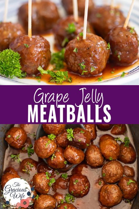 These Crockpot Grape Jelly Meatballs are sweet, tangy, and oh-so-easy to make! Perfect for game days, holiday parties, or family dinners with just 3 ingredients and a slow cooker! Get the recipe and wow your guests! Sweet Baby Rays Meatballs Grape Jelly, Meatballs With Grape Jelly And Ketchup, Meatball And Lil Smokies Crock Pot, Frozen Meatballs Crockpot Grape Jelly, Meatball Recipes Crockpot Grape Jelly, Sweet Sour Meatballs Grape Jelly, Cocktail Meatballs Grape Jelly Chili Sauce, Meatball Grape Jelly Recipe, Meatballs With Grape Jelly And Chili