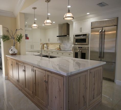 Driftwood Peninsula. Driftwood Peninsula. The peninsula is Rustic Hickory with a driftwood stain and a brown highlight. #DriftwoodPeninsula Waterview Kitchens Kitchen Island Table Combination, Cape Remodel, Peninsula Ideas, Driftwood Kitchen, Peninsula Island, Randy Rhodes, Couples Bathroom, Peninsula Kitchen, Hickory Cabinets