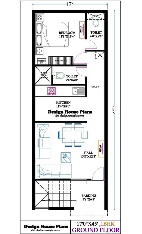 This house plan is a 17 x 45 house plan which is 765 sqft in total. This plan is a 1BHK ground floor plan which has a bedroom, hall, kitchen, puja etc. 1bhk Plan, 25×50 House Plan, 900 Sq Ft House, Affordable House Design, West Facing House, Double Story House, House Plans With Photos, Duplex Plans, Plan House