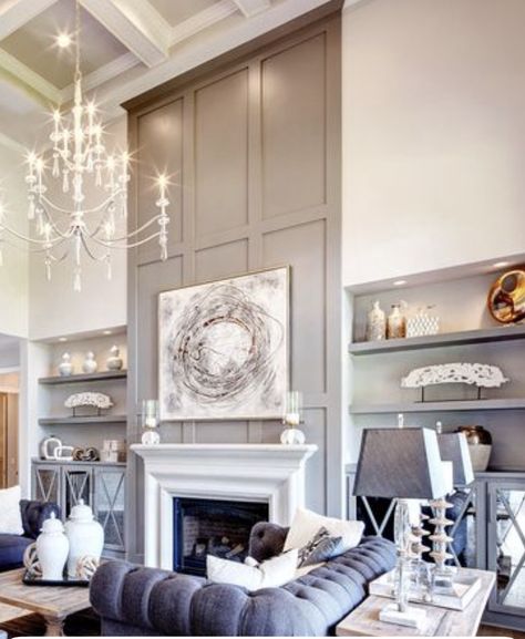 Fireplace In Family Room, Accent Wall On Fireplace, Feature Wall Above Fireplace, Tv Mounted Beside Fireplace, Two Story Fireplace Wall Ideas, High Ceiling Fireplace Wall Decor, Accent Wall Living Room With Fireplace, Wainscoting Ideas Fireplace Wall, Tall Fireplace Wall High Ceilings Living Room