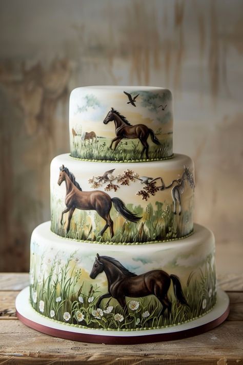 Pastoral Perfection: A Tranquil Horse Scene Birthday Cake Horse Themed Birthday Cake, Cake For Horses, Nature Theme Cake, Horse Cakes Birthday, Birthday Cake Horse, Equestrian Cake, Horse Themed Cake, Western Theme Cakes, Fondant Horse