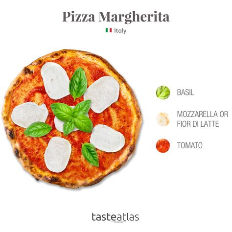 In 1889, Queen Margherita of Savoy visited Naples, where she was served a pizza that was made to resemble the colors of the Italian flag: red tomatoes, white mozzarella cheese, and green basil. Food Anatomy, Taste Atlas, Chef Taro, Pizza Menu Design, Recipe For Pizza, Neapolitan Pizza, Pizza Menu, Food Infographic, Pizza Margherita