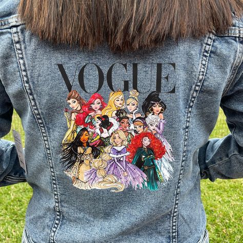 Custom Made Disney Princess Vogue Jean Jacket Made With A Sonoma Brand Jacket Disney Princess Vogue, Jean Jacket Art, Concert Jacket, Custom Jean, Craft Boutique, Custom Jean Jacket, Upcycled Denim Jacket, Basic Hand Embroidery Stitches, Disney World Outfits