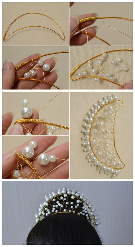 #Beebeecraft Tutorial - How to Make a White Pearl #Wedding #Crown #Headband How To Make A Crown, Headpiece Jewelry, Wire Work Jewelry, Diy Headband, Crown Headband, Handmade Wire Jewelry, Handmade Jewelry Designs, Work Jewelry, Black Vegan