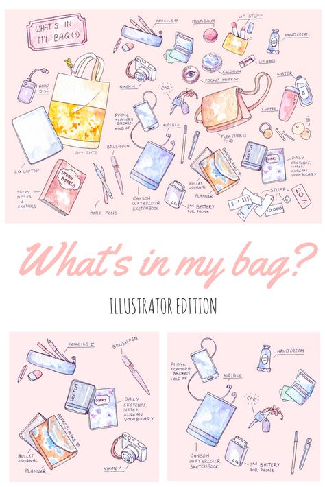 Artist Whats In My Bag, Hand Bag Illustration Drawings, Whats In My Bag Illustration, Whats In My Bag Artist, Travel Bag Illustration, What’s In My Bag ?, Bag Necessities, Aesthetic Items, What's In My Backpack