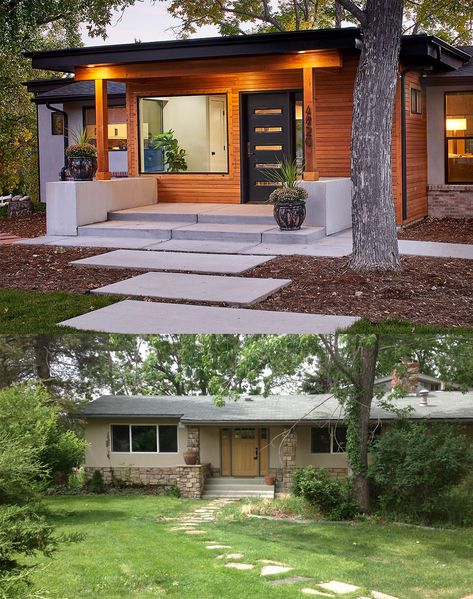 Denver mid-century home gets stunning makeover, completely transforming its curb appeal Mid Century Modern Makeover Exterior, Red Brick White Siding Makeover, Decked Front Porch, Concrete Chimney Exterior, Modern Ranch Curb Appeal, 1950s Home Exterior Remodel, Bungalow Makeover Exterior, Front Yard Fence Busy Street, 1960s Home Exterior