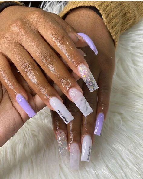 White Lace Nails, White Instagram, Purple Acrylic Nails, Acrylic Nail Set, Long Acrylic Nail Designs, Lace Nails, Glamour Nails, Colored Acrylic Nails, White Acrylic Nails