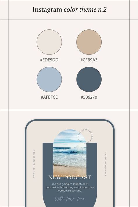 Instagram Color Theme Inspiration Color Pallet Instagram Feed, White And Blue Colour Palette, Beige And Blue Palette, Neutral Color Palette With Blue, Blue Tan White Color Palette, Instagram Color Palette Theme, Color Palette Instagram Feed, Color Palette For Instagram Feed, Blue Beige Color Palette