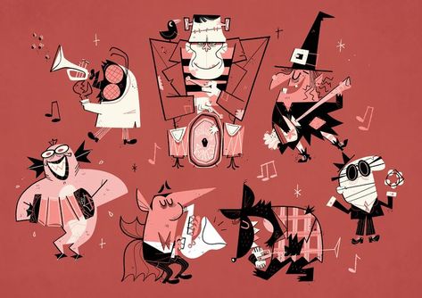 By Sam Shaw #jazz #band #halloween #dracula #witch #frankenstien #halloween #music #illustration #design Music Illustration Design, Halloween Dracula, Halloween Music, Mid Century Illustration, Horror Artwork, Music Illustration, Jazz Band, Classic Cartoons, Retro Illustration