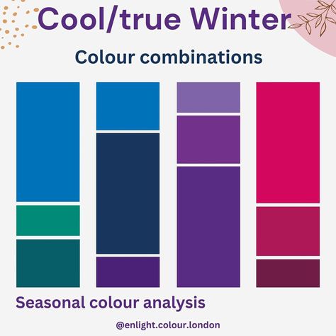 Seasonal Colour Analysis by Maggie T. (@enlight.colour.london) • Instagram photos and videos Winter Season Colour Palette, Cool Winter Color Combinations, True Winter Palette, Color Analysis Winter, Seasonal Colour Analysis, True Winter Color Palette, Winter Skin Tone, Wardrobe Color Guide, Cool Winter Color Palette