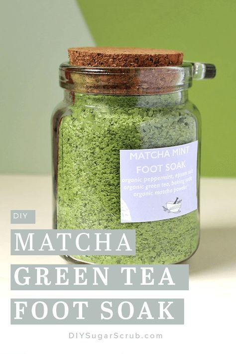 DIY Matcha Green Tea Foot Soak  - the perfect way to soothe your tired feet.  | Natural Pins | #diysugarscrub #footsoak #matcha Green Tea Bath Soak, Foot Mask Diy, Foot Scrub Recipe, Shower Recipes, Diy Bath Soak, Homemade Salve, Diy Foot Soak, Foot Soak Recipe, Body Tea