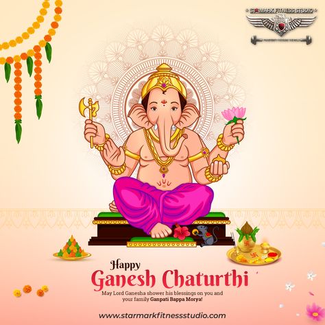 May the Lord of wisdom and new beginnings, Shri Ganesha guide everyone on the path to success and bestow upon all peace, prosperity and good health. 🐁🌼🪔🕉️ Starmark Fitness Studio wishes all an auspicious 𝐆𝐚𝐧𝐞𝐬𝐡 𝐂𝐡𝐚𝐭𝐮𝐫𝐭𝐡𝐢. 🙏🏻 #ganeshchaturthi #ganeshfestival #ganeshji #ganeshutsav #ganeshchaturthi2023 #celebrations #festival #bestwishes Happy Ganesh Puja Wishes, Ganesh Puja, Diwali Poster, Ganesh Utsav, Happy Ganesh, Wedding Elements, Happy Ganesh Chaturthi, Path To Success, Ganpati Bappa