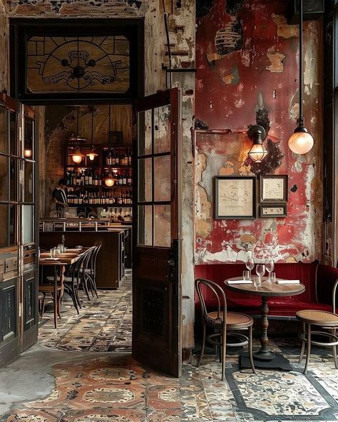 Design • Instagram Cafe And Wine Bar, Small Italian Restaurant Interior Design, Cozy Wine Bar, Rustic Restaurant Design, Vintage Bar Aesthetic, Hotels Exterior, Mediterranean Restaurant Design, Italian Restaurant Interior Design, Italian Restaurant Interior