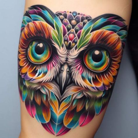 Colorful Owl Tattoos For Women, Tattoo Trends 2024 Women, Bright Colorful Tattoos, Character Tattoo Ideas, Big Cover Up Tattoos, Colorful Owl Tattoo, Son Tattoos, Cute Owl Tattoo, Mother Son Tattoos