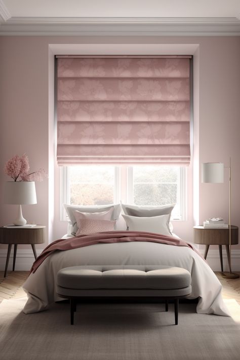 Foral Pink Roman Blinds In A Perfect Bedroom Pink Roman Blinds, Roman Blinds Bedroom, Blinds Ideas, Waxing Room, Bedroom Blinds, Bedroom Drapes, Fitted Blinds, Perfect Bedroom, Roman Blind