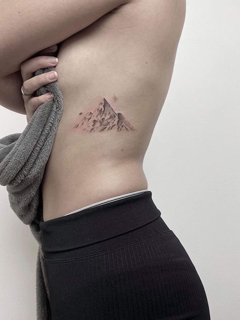 Mountain Tattoo Aesthetic, Ribcage Mountain Tattoo, Mountain Tattoo Side Ribs, Mountain Rib Tattoo, Preston Tattoo, Mountain Tattoo Ideas, Orion Tattoo, Moutain Tattoos, Berg Tattoo