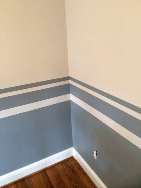 Geometric Wall Paint Two Colors, Blue Tape Wall Design, Accent Stripe On Wall, Wall Block Painting, Accent Wall Design Ideas Bedrooms, Paint Halfway Up Wall, Wall Painting With Tape Design, Blue Wall Painting Ideas, Exterior Wall Painting Ideas