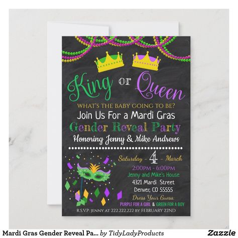 Mardi Gras Gender Reveal Ideas, Mardi Gras Theme Gender Reveal, Mardi Gras Gender Reveal, Mardi Gras First Birthday Party, Mardi Gras 2nd Birthday Party, St Patrick’s Gender Reveal, Mardi Gras Baby Announcement, Mardi Gras Invitations, Mardi Gra