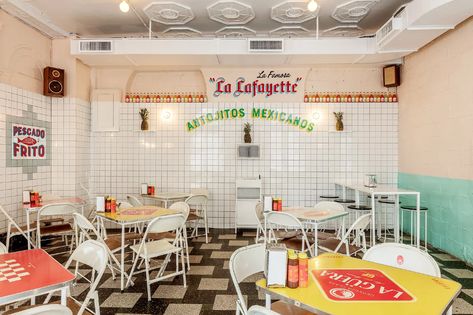 Tacombi | Aerial Design Authentic Mexican Tacos, Fort Greene Brooklyn, Open Kitchen Layouts, Taco Shop, Office Renovation, Order Food Online, Interior Renovation, Order Food, Online Food