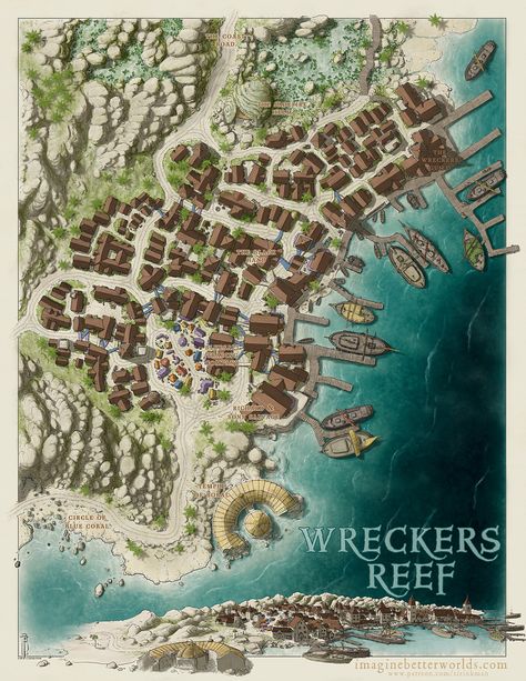 Pirate Port, Fantasy City Map, Village Map, Pirate Island, Dnd World Map, Fantasy Town, Fantasy World Map, Tabletop Rpg Maps, Rpg Map