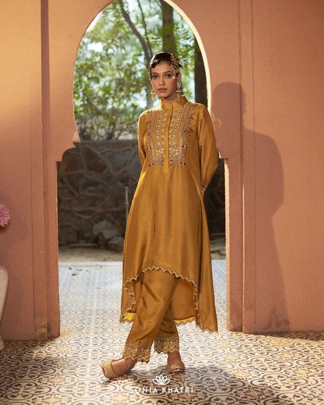 Bask in the warmth of summer love adorned in Gulposh☀️ #womenswear #indianwear #festivewear #indianwomen #weddingwear #trousseau #trousseauwear #springsummer #summercollection #summersuit #summersuits Cocktail Party Indian, Trendy Indian Wear, Suit For Haldi, Yellow Salwar Suit, Yellow Salwar, Ruffle Dupatta, Yellow Suit, Silk Kurti, Silk Set