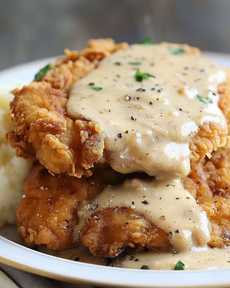 Country Fried Chicken with Creamy Gravy Recipe Chicken With Country Gravy, Country Fried Chicken And Gravy, Cava Recipes, Country Fried Steak And Gravy, Fried Chicken With Gravy, Fried Chicken And Gravy, Kentucky Butter Cake Cookies, Fried Chicken Gravy, Food Recipes Casseroles