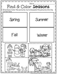 Preschool Seasons Worksheet - Find and Color the seasons cut and paste. Preschool Seasons, December Preschool, Seasons Preschool, Seasons Lessons, Seasons Worksheets, Preschool Weather, Seasons Activities, Kindergarten Science, English Activities