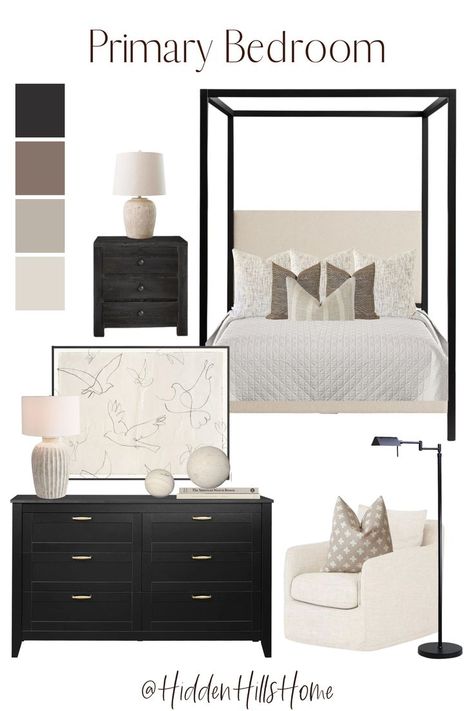 Primary Bedroom Design Board Light Bedroom With Black Furniture, Bedroom Black Canopy Bed, Bedroom Black And Neutral, Canopy Bed Master Suite, Primary Bedroom Inspiration 2023, Neutral Canopy Bedroom, Neutral Bedding With Black Headboard, Grey Bedroom Black Accents, Black Ivory And Gray Bedroom