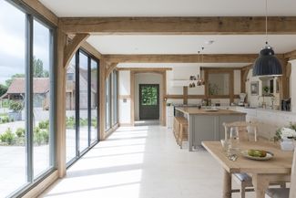 Bi Folding Doors Kitchen, British Country Kitchen, Barn Conversion Interiors, Border Oak, Open Kitchen And Living Room, Barn Kitchen, Build Inspiration, Open Plan Kitchen Living Room, House Extension Design