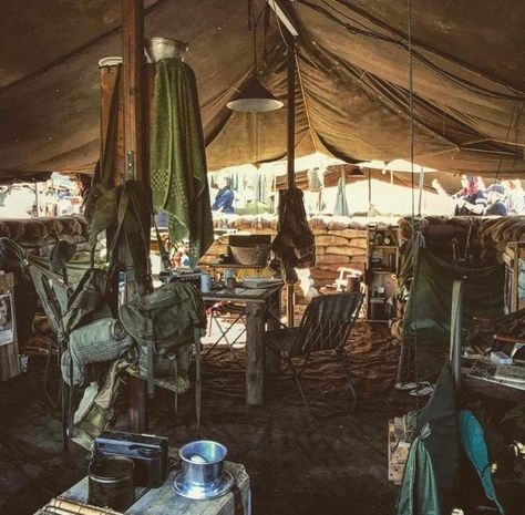 modern day re-enacted Vietnam battle Australian army tent interior Army Interior Design, Jungle Tent, Australian Aesthetic, Safari Explorer, Tent Interior, Army Tent, Australian Army, Army Base, Eden Project