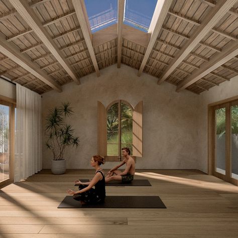 With expansive window and skylight views, the yoga studio at our Los Feliz project invites the outdoors in, creating a healing space for mindful practice. The natural materials and warm finishes create a sense of peace in this premium residential retreat. Service – Residential Design Architecture @studiomurnane @mcshanemurnane Desert Yoga, Yoga Hall, Studio Architecture Design, Studio Architecture, Ballet Studio, Studios Architecture, Healing Space, Residential Design, Yoga Studio