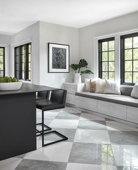 Kitchen With Bench Seating, Kitchen With Bench, Seating Nook, Checkered Floor, Grey Kitchen Floor, Black And White Kitchen, Powder Room Decor, Modern Laundry Rooms, Farmhouse Inspiration