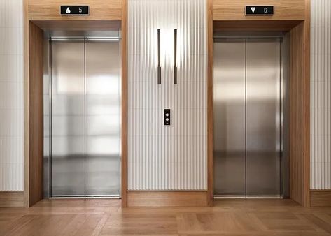 Elevator Lobby Design, Elevator Lobby, Residential Building Design, Elderly Home, Lobby Design, Hall Design, Wall Finishes, Residential Building, Building Design