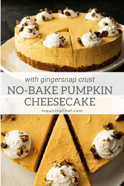 No-Bake Pumpkin Cheesecake with Gingersnap Crust - Inquiring Chef No Bake Pumpkin Cheesecake With Gingersnap Crust, Pumpkin Cheesecake Nobake, No Bake Pumpkin Cheesecake With Ginger Snap Crust, Pumpkin Cheesecake With Ginger Snap Crust, Ginger Snap Crust Cheesecake, Pumpkin Cheesecake Gingersnap Crust, Pumpkin Cheesecake No Bake, Pumpkin Cheesecake With Gingersnap Crust, Gingersnap Crust Recipes