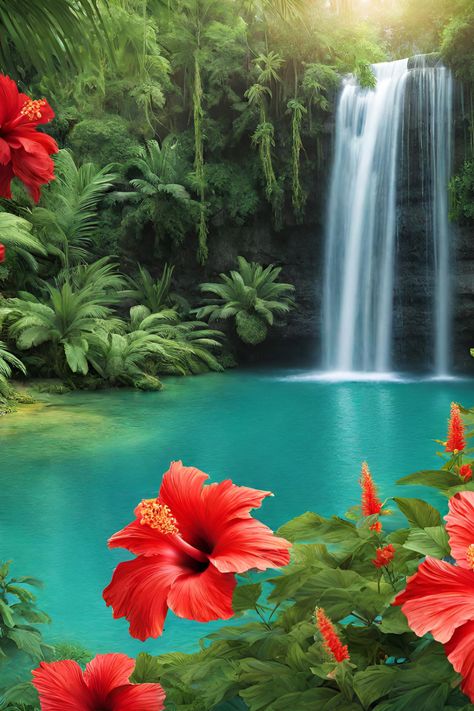 AI Generated Image #tropical #garden #hibiscus #waterfall Tropical Waterfall Aesthetic, Beautiful Waterfalls Photography, Botanical Murals, Jamaica Waterfalls, Tropical Island Aesthetic, Waterfall Tropical, Hibiscus Aesthetic, Tropical Waterfall, Clip Art Frames Borders