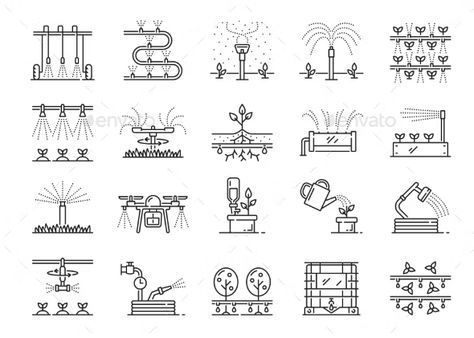 Drip Water Irrigation System Icons with Sprinklers, Graphics | GraphicRiver Water Conservation Activities, Water Irrigation System, Conservation Activities, Water Irrigation, Sprinkler Irrigation, Garden Sprinklers, Water Sprinkler, Drip Irrigation System, Farm Field