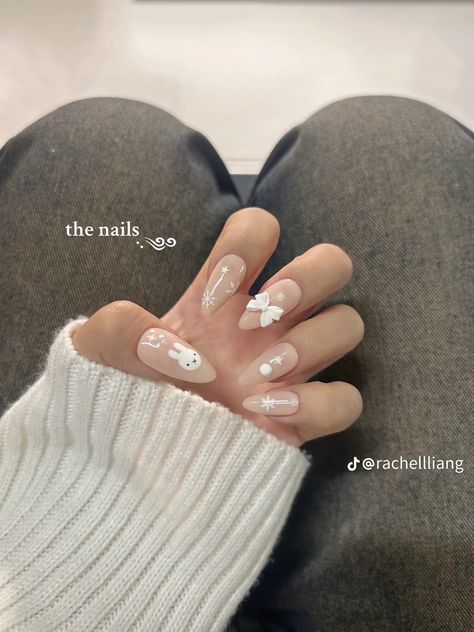 Cute Nails Winter, Miffy Nails, Nails Chinese, Nails Douyin, Chinese Nails, Winter Nails Christmas, Douyin Nails, Nails Tiktok, Nails Coquette