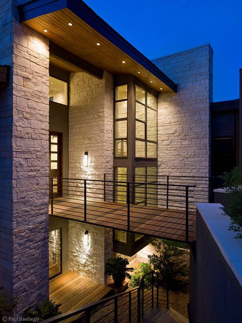 stone & wood, clean design Square Architecture, House Bridge, Luxury Homes Exterior, Wood Architecture, Austin Homes, House Exteriors, House Entrance, Residential Architecture, Home Construction