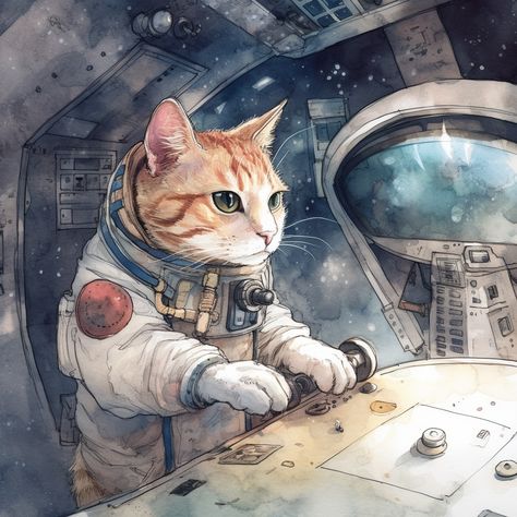 Cat Space Astronaut controlling a Spaceship - Cats in Space Watercolor Artwork by Konekori Creatives Cats In Space, Cat Space, Space Watercolor, Space Animals, Space Phone Wallpaper, Space Artwork, Space Painting, Artistic Space, Space Astronaut