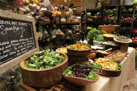 Great table love all the wood Salad Display Ideas Presentation, Salad Counter Display, Party Food Display Ideas, Salad Bar Party, Salad Bar Ideas, Food Display Ideas, Party Food Display, Salad Display, Botanical Cafe