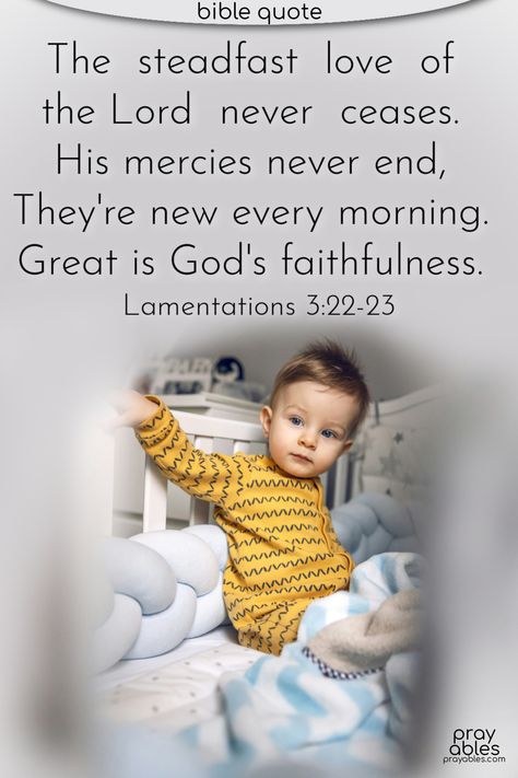 Wake up with God and use this morning Bible verse from Lamentations 3:22-23 as your prayer affirmation today.  The steadfast love of the Lord never ceases. His mercies never end, and they are new every morning.  Great is God's faithfulness. Want more God's mercy quotes?
sign up for the free Daily Prayables at prayables.com Gods Mercy Quotes, Mercy Quotes, Morning Bible Verse, Positive Bible Quotes, Steadfast Love Of The Lord, Prayer Prompts, God's Mercy, Lamentations 3 22 23, Proverbs 28